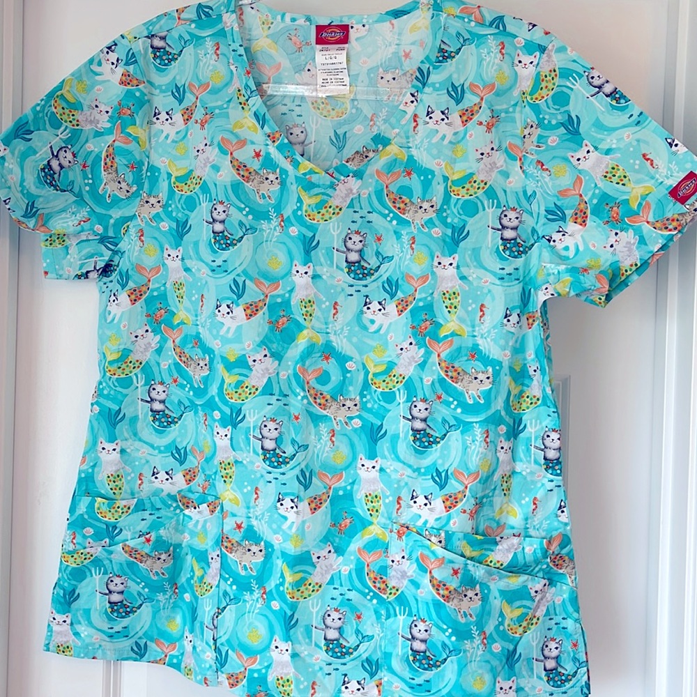 Dickies Ladies Scrub Top Purrmaid Cat Mermaid